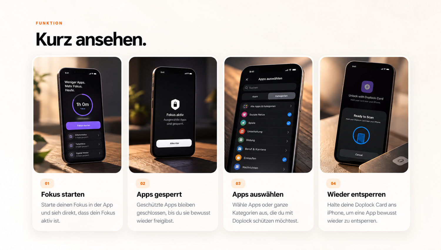 Doplock in vier Schritten: Fokus starten, Apps gesperrt, Apps auswählen und wieder entsperren